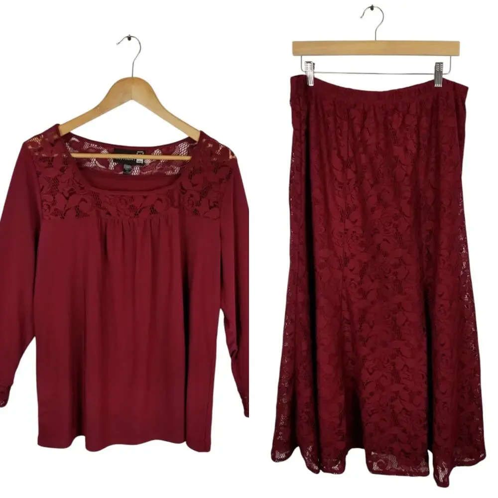 Antthony Original 2 Piece Set Skirt Long Sleeve Stretch Knit Top Red Size XL